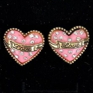 Vintage Goldtone and pink love puff heart pierced earrings